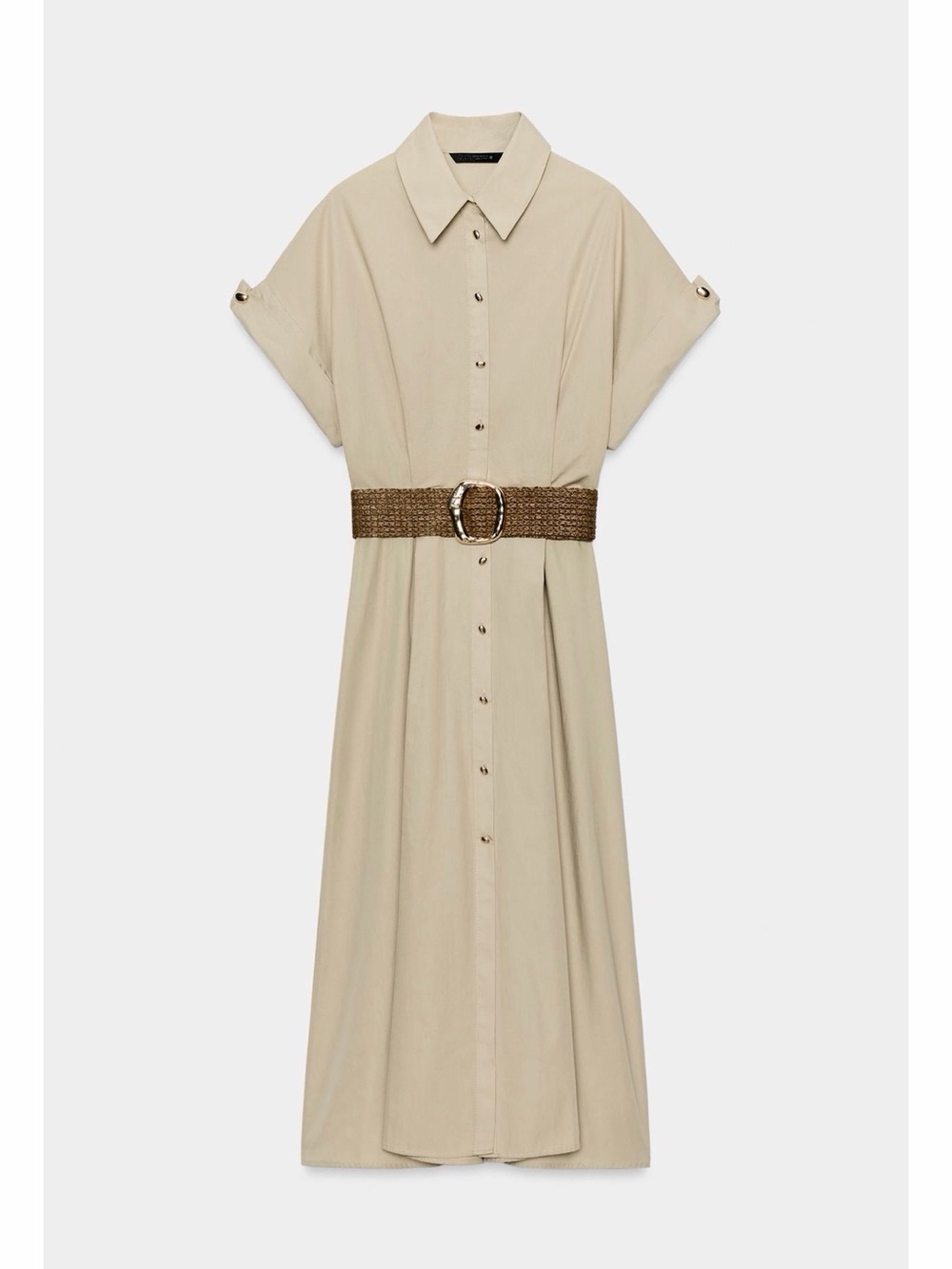 Zara Neutral Beige Midi Shirt Dress with Woven Brown Belt